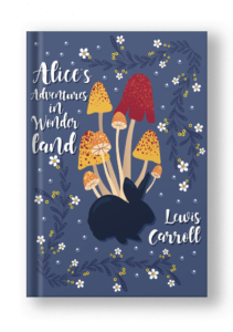 book cover restyled in a modern way with simple, colorful illustration with mushrooms and a rabbit in the middle