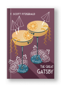 book cover restyled in a modern way with simple, colorful illustration with two cocktails and shiny lights