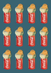 illustration of Coke with ice cream ball on top on blue blackground