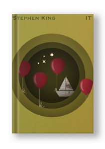 book cover restyled in a modern way with simple, colorful illustration and green background with red balloons