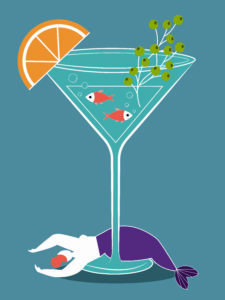 a cocktail with an under ocean background, fish, and mermaid, editorial illustration by marti menta